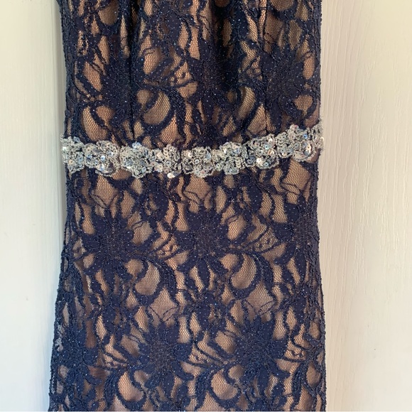 Navy Blue lace open back formal dress with beaded belt - Picture 6 of 7